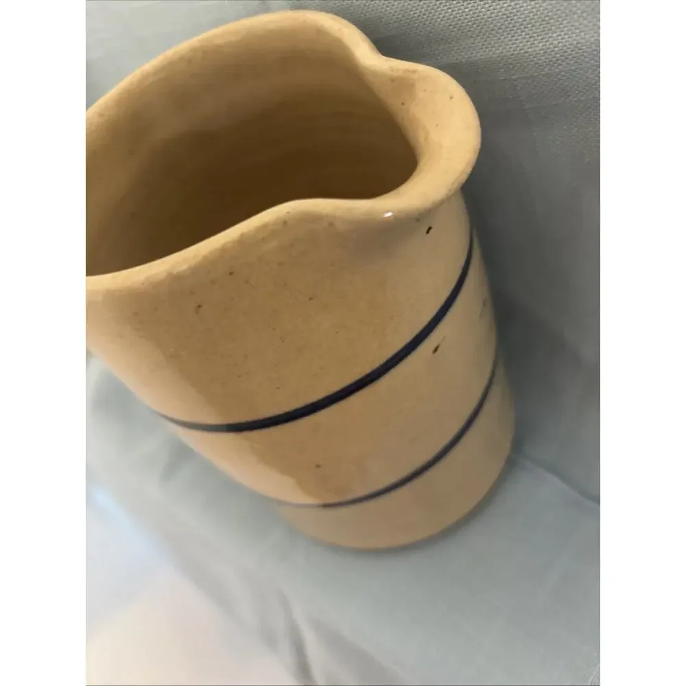 Antique Stoneware Pitcher Beige W/ Blue Stripe Rustic Farmhouse Decor Heavy